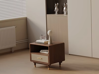 Wooden Bedside Table With Walnut Tone Rattan Drawer Books And Minimalist Lamp On Top 3d model