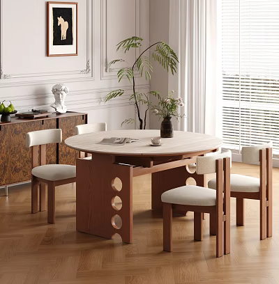 Stylish Wooden Round Dining Table Set With Four Chairs Unique Hole Design And Elegant Decor 3d model