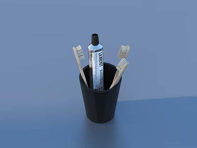 Black Cup With Wooden Toothbrushes And White Toothpaste As Essential Daily Supplies 3d model