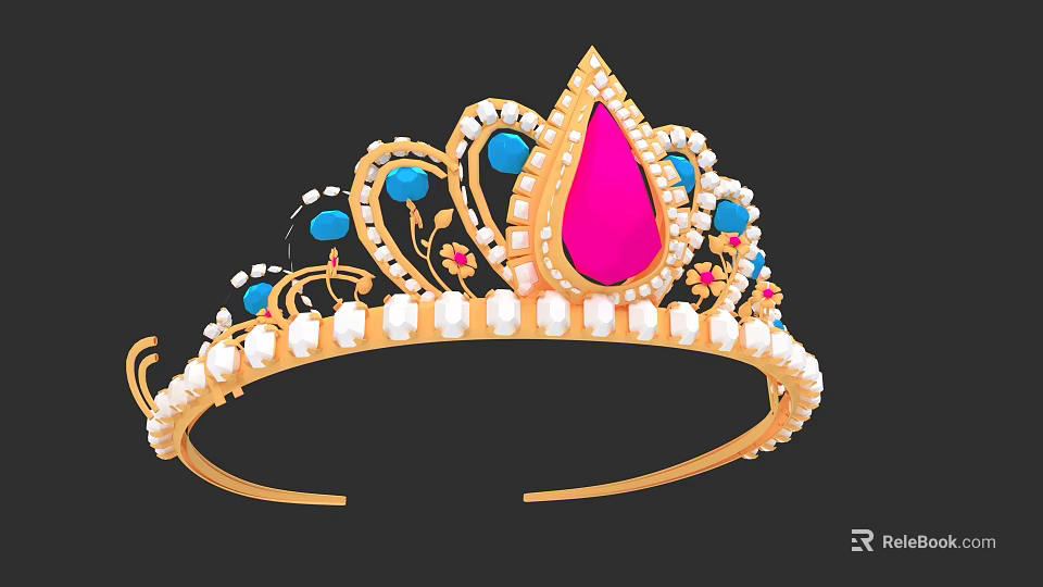 Exquisite Gold Tiara with Pink Teardrop Gemstone Blue Accents and Pearl Decorations 3d model 