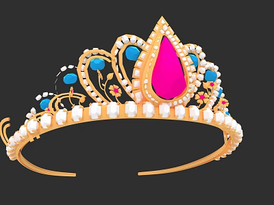 Exquisite Gold Tiara with Pink Teardrop Gemstone Blue Accents and Pearl Decorations 3d model