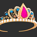Exquisite Gold Tiara with Pink Teardrop Gemstone Blue Accents and Pearl Decorations