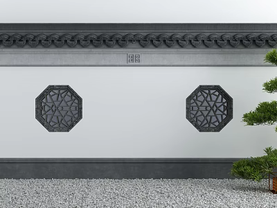 Chinese Style Building Exterior Wall With Lattice Windows Gray Eaves And Green Plants 3d model