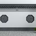 Chinese Style Building Exterior Wall With Lattice Windows Gray Eaves And Green Plants