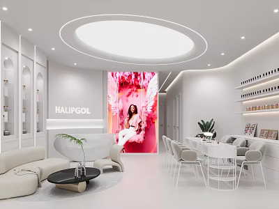Modern Beauty Salon Interior Design With Large Pink Poster Sofa Tables And Product Shelves 3d model