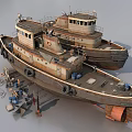 Two Old Rusty Tugboats With Parts Tools And Mechanical Equipment