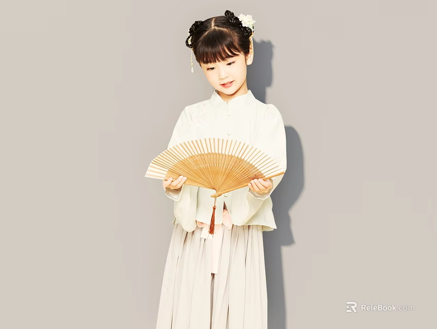 Graceful Young Woman In Traditional Clothing Holding Folding Fan Against Gray Background 3d model 