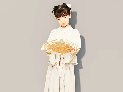 Graceful Young Woman In Traditional Clothing Holding Folding Fan Against Gray Background 3d model