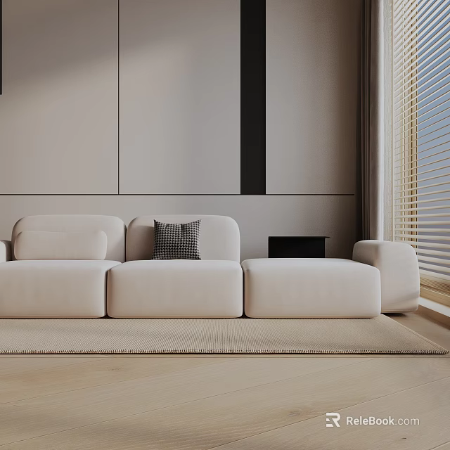 Modern Beige Three Seater Sofa in Minimalist Living Room with Accent Pillow and Wooden Floor 3d model 