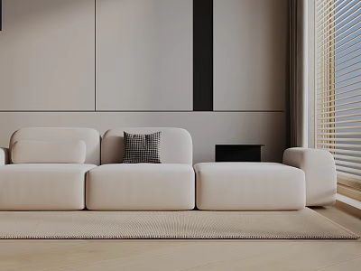 Modern Beige Three Seater Sofa in Minimalist Living Room with Accent Pillow and Wooden Floor 3d model