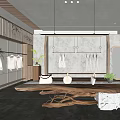 Modern Clothing Store Interior With Hanging Clothes Wooden Table And Decorative Plants