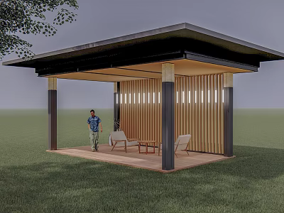 Modern Pergola Design With Slatted Wood Panels On Grass Lawn For Outdoor Seating And Relaxation 3d model