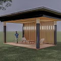 Modern Pergola Design With Slatted Wood Panels On Grass Lawn For Outdoor Seating And Relaxation