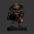 3D Boar Warrior Character In Armor Holding Spiked Hammer On Stone Pedestal