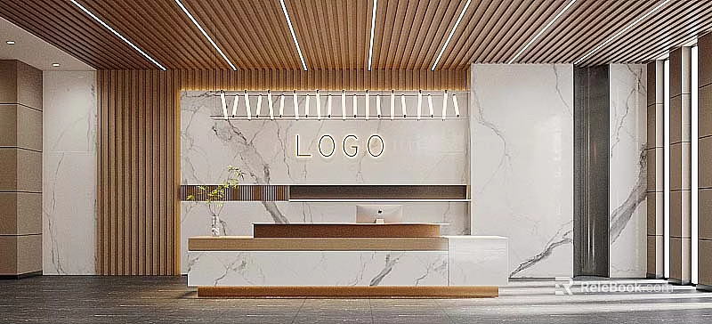 Modern Reception Area Interior Design With Marble Wall Wooden Ceiling And Logo 3d model 