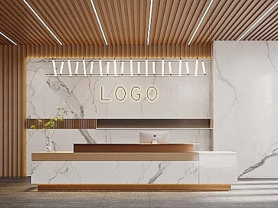 Modern Reception Area Interior Design With Marble Wall Wooden Ceiling And Logo 3d model