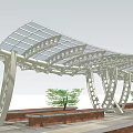 Modern Garden Landscape Featuring Perforated Pergola Benches And Surrounding Trees Under Sunset Sky