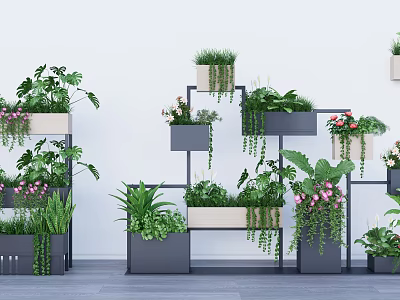 Modern Flower Planters In Wall Mounted And Floor Standing Designs With Green Plants And Flowers 3d model