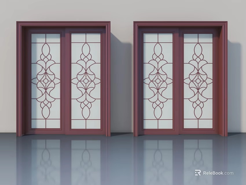 Elegant Swing Doors With Decorative Patterns And Brown Wooden Frames 3d model