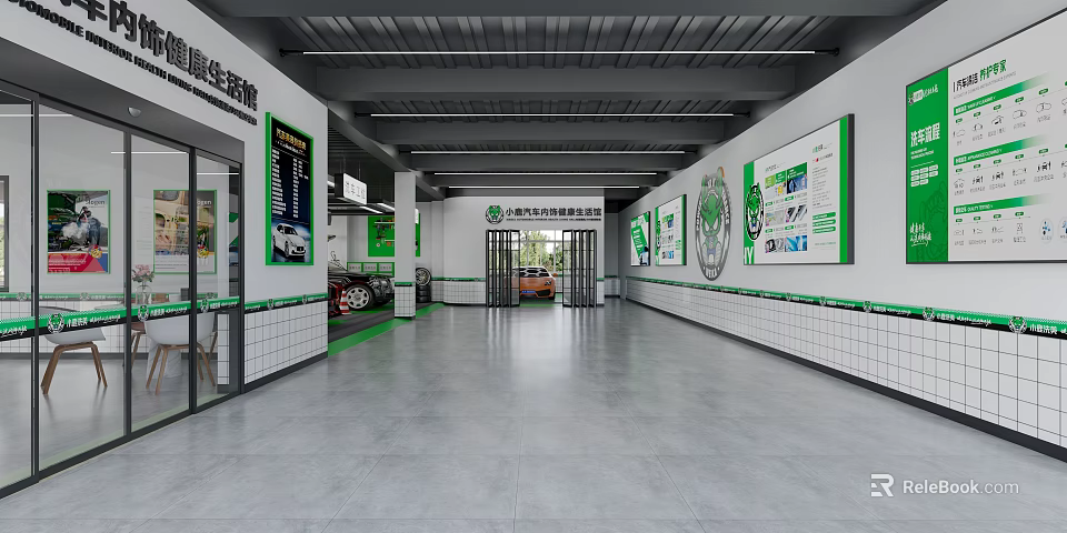 Spacious Modern 4S Dealership Showroom With Green Decor Car Display Posters And Glass Doors 3d model 