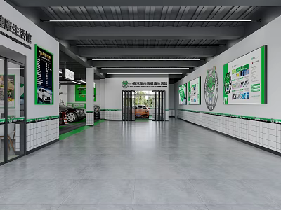 Spacious Modern 4S Dealership Showroom With Green Decor Car Display Posters And Glass Doors 3d model