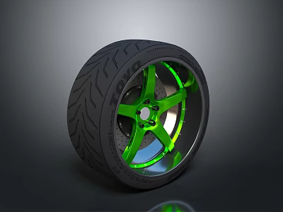 Modern Car Tire Featuring Green Wheel Rim Tread Pattern And Metallic Finish 3d model