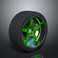 Modern Car Tire Featuring Green Wheel Rim Tread Pattern And Metallic Finish