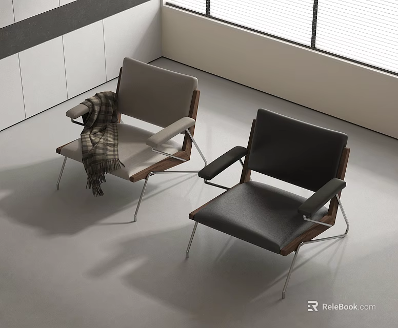 Leisure Chairs Featuring Light Gray Fabric Plaid Blanket Dark Gray Leather Wooden Frame Metal Legs 3d model 