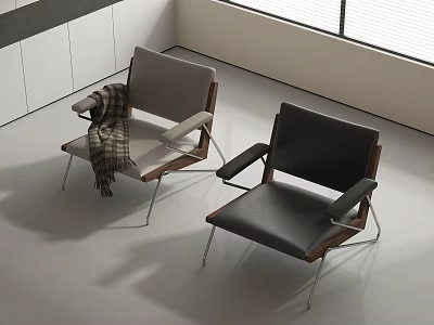 Leisure Chairs Featuring Light Gray Fabric Plaid Blanket Dark Gray Leather Wooden Frame Metal Legs 3d model