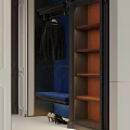 Stylish Wardrobe Design With Hanging Coat Area Wooden Shelves And Blue Upholstered Bench