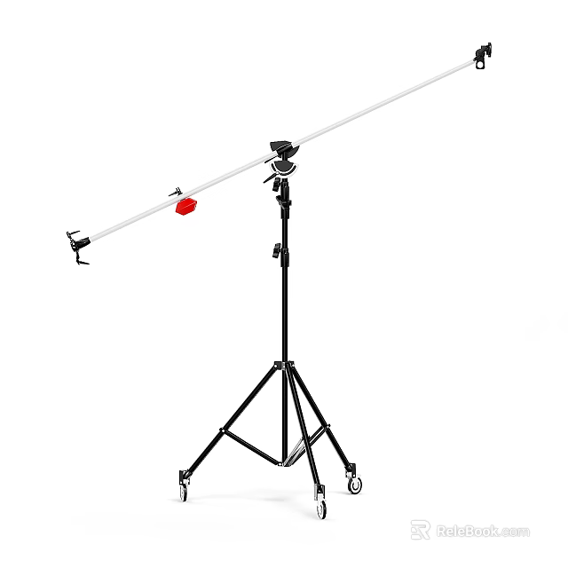 Professional Tripod Stand With Adjustable Boom Arm And Red Component On Wheels 3d model