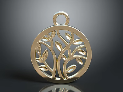Exquisite Golden Circular Pendant With Openwork Tree Design And Shiny Finish 3d model