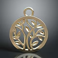 Exquisite Golden Circular Pendant With Openwork Tree Design And Shiny Finish 3d model