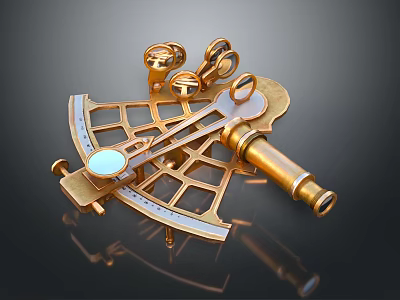 Golden Commercial Navigation Sextant With Metal Frame Scaled Dial And Telescope 3d model