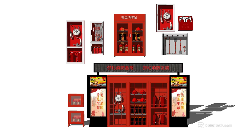 Red Fire Equipment Display with Hydrant Cabinets Fire Extinguishers and Hoses 3d model