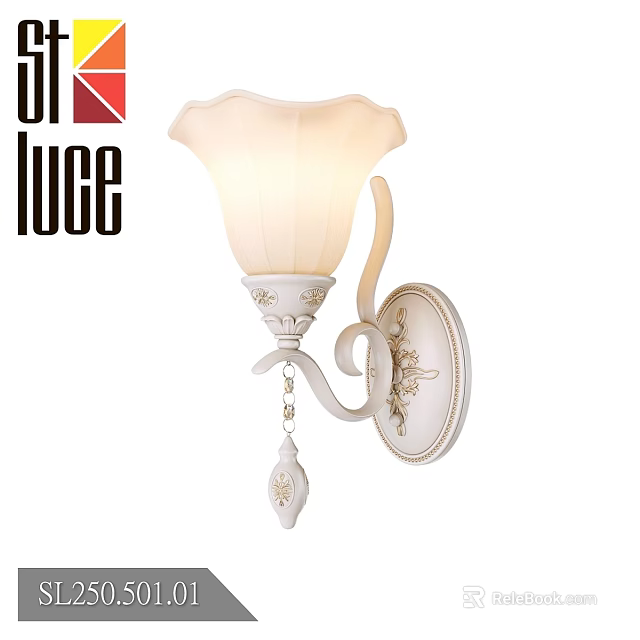 Elegant White Wall Sconce With Intricate Carvings And Petal Shaped Lampshade 3d model 