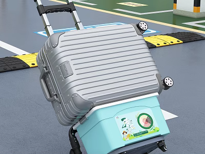 Silver Suitcase Placed On Blue Box With Luggage Cart At Airport Floor 3d model