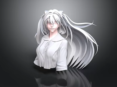 Glowing Anime Child 3D Model With Silver White Long Hair In White Shirt On Dark Background 3d model