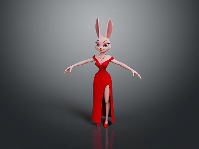 Rabbit Woman In Red Long Dress With Rabbit Ears And Red High Heels Standing 3d model
