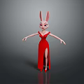 Rabbit Woman In Red Long Dress With Rabbit Ears And Red High Heels Standing