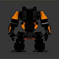Game Movie Character Robot With Black Orange Mechanical Armor Standing On Transparent Display Base