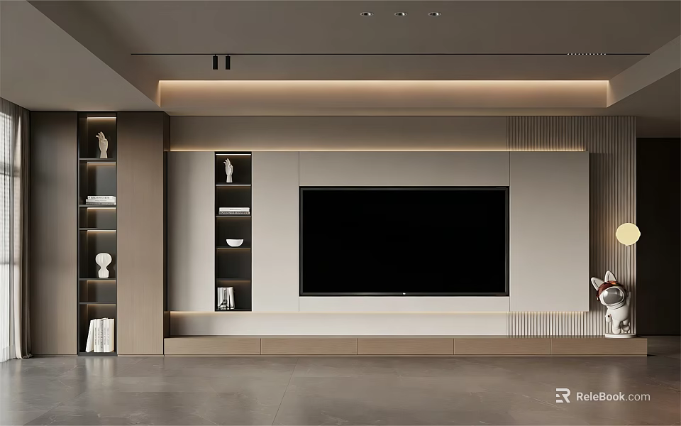 Modern TV Stand with Storage Shelves Decorative Items and Large TV Screen 3d model 