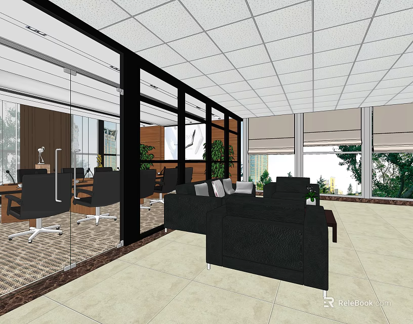 Modern Meeting Room Interior With Glass Partitions Conference Table And Sofa Area 3d model 