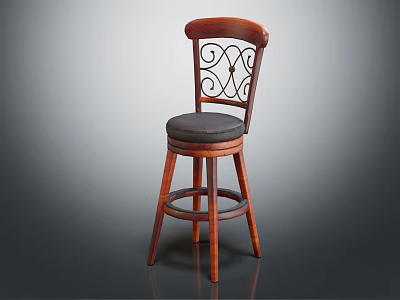 Classic Wooden Bar Stool With Ornate Carved Backrest And Padded Seat Design 3d model