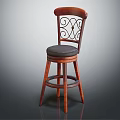 Classic Wooden Bar Stool With Ornate Carved Backrest And Padded Seat Design