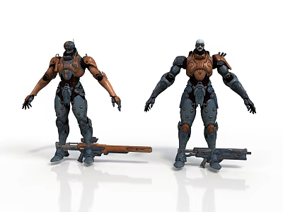 Robot Characters With Different Colored Armor Holding Long Weapons In Standing Pose 3d model