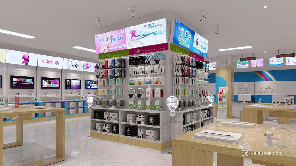 Bright Digital Store Interior With Display Shelves Various Digital Accessories Headphones And Chargers 3d model 