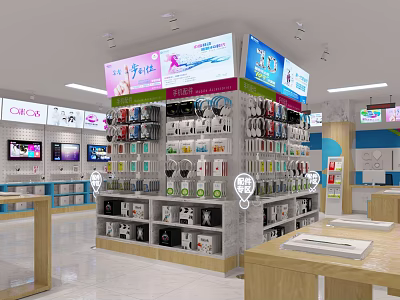 Bright Digital Store Interior With Display Shelves Various Digital Accessories Headphones And Chargers 3d model