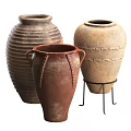Rustic Ceramic Pots With Textured Surfaces Two-Handled Design And Decorative Metal Stand 3d model