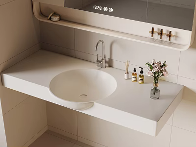 White Modern Washbasin With Sleek Countertop Faucet And Flowers Near Mirror 3d model